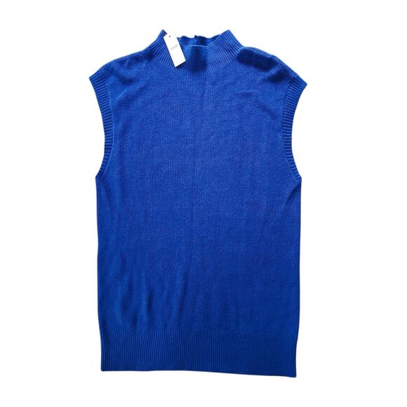 Talbots Large Royal Blue Cotton Blend Knit Sweater Mock Neck Ribbed Sleeveless - Picture 1 of 7